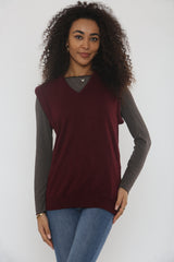 Burgundy V Neck Sleeveless Knitted Vest- Hanya