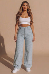 Light Blue Sparkle Diamond Stitch High Waisted Straight Leg Jeans  - Maevo