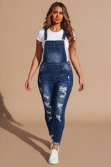 Blue Distressed Denim Skinny Fit Dungaree- Enora