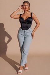 Black Satin Cup Detail Sweetheart Corset Top - Maci