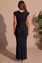 Black Slinky Plunge Ruched Shoulder Drape Waist Double Layer Maxi Dress - Josalía