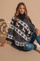 Black Christmas Reindeer Fair Isle Knit Poncho - Traix