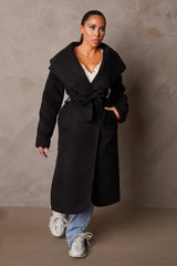 Black Long Sleeve Belted Side Pocket Shawl Collar Midi Longline Coat - Payton