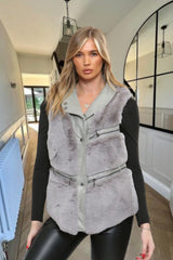 Grey PU Faux Leather Faux Fur Gilet - Liana