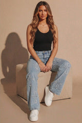 Blue Straight Wide Leg Distressed Cross Patch Denim Jeans - Delissia