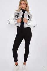 Grey Faux Leather Cropped Contrast Graphic Bomber Jacket - Bellara