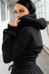 Black Long Sleeve Cropped Fleece Hoodie & Cuffed Joggers Loungewear Set - Layla