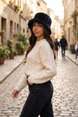 Black Faux Fur Bucket Fluffy Soft Winter Hat- Sona