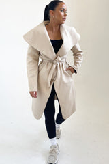 Beige Waterfall Duster Belted Long Coat - Pola