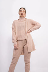 Dusty Pink Ribbed Knitted 3 Piece Loungewear Set-Jinet