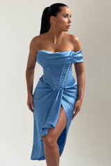 Sky Blue Off The Shoulder High Split Corset Midi Dress - Brooke