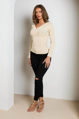 Stone Rib Off The Shoulder V Front V Back Long Sleeve Top - Everly