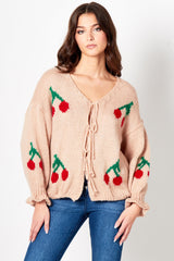Pink Cherry Print Knit Tie Front Cardigan- Misha
