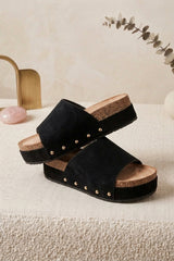 Black Faux Suede Stud Detail Platform Slider Sandals - Gesito