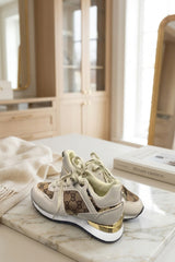 Beige Printed Panel Faux Leather Glitter Trainers - Guinevere