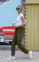Khaki Drawstring Waist Pocket Detail Cuffed Cargo Joggers - Sienna