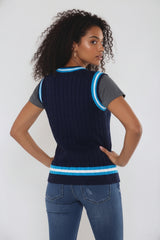 Navy Cable Knit V Neck With Blue Stripe Jumper- Casoil