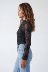 Black Sheer Floral Embroidered High Neck Long Sleeve Top- Zalya