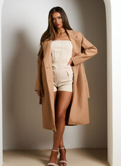 Mocha Double Breasted Black Button Detail Belted Trench Coat - Eliana