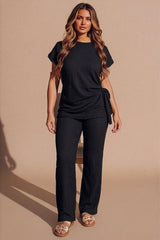 Black Tie Side Relaxed Fit Top And Wide Leg Trousers - Cheese