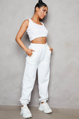 White Oversized High Waisted Shirred Drawstring Pocket Detail Cuffed Joggers - Samira