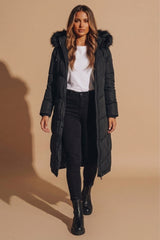 Black Longline Faux Fur Trim Puffer Jacket - Kiera