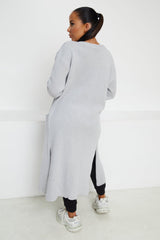 Grey Knitted Long Sleeve Side Split Longline Midi Cardigan - Avery