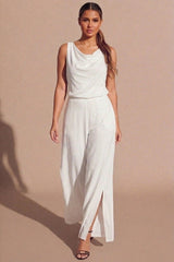 White Draped Cowl Neck Top & Split Hem Trouser Co-Ord Set - Dvaina