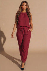 Wine Stud Detail Sleeveless Loungewear Co-Ord Set - Reinax