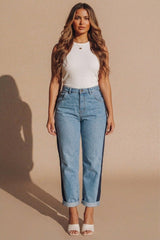 Light Blue Wash Contrast Side Stripe Mom Jeans – Bella