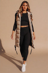 Beige High Neck Zip Up Sleeveless Hooded Padded Midi Gilet - Kenley