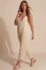 Beige Draped Plunge Harem Romper - Kayani