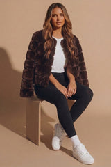 Chocolate Faux Fur Panelled Cropped Jacket - Doman