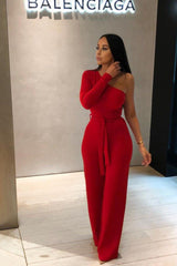 Red Belted One Shoulder Jumpsuit - Evelyn