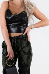 Black Strappy Faux PU Crop Top - Anavela