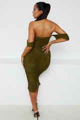 Olive Green Bardot Cowl Neck Ruched Midi Dress - Malia