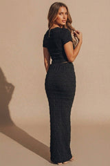 Black Round Neck Textured Cropped Top With Maxi Skirt Co Ord - Mariola