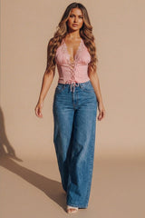 Pink Lace Trim Lace Up Corset Top- Fioran