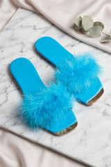 Sky Blue Faux Feather Flat Slip-On Sandals with Gold Toe Detail  - Klon