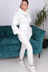 Cream Long Sleeve Cropped Fleece Hoodie & Cuffed Joggers Loungewear Set - Layla
