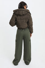 Khaki Cropped Padded Long Sleeve Zip Front Shower Proof Jacket - Harper