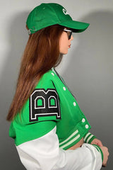 Green Varsity Slogan Contrast Sleeve Bomber - Hallie
