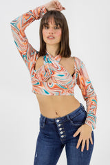 Orange Marble Print Slinky Cross Wrap Halter Crop Top - Donelia