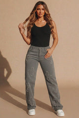Grey Straight Wide Leg Distressed Cross Patch Denim Jeans - Delissia