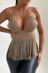 Gold Halter Neck Open Back Chain Mail Tassel Top - Dani
