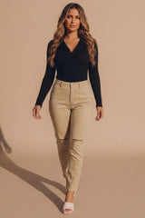 Beige High Waisted Skinny Soft Touch Skinny Jeans With Rip Detail  - Delilah