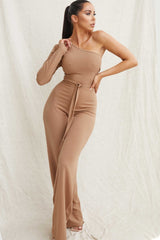 Camel Belted One Shoulder Jumpsuit - Evelyn