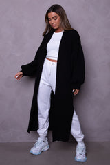 Black Knitted Balloon Sleeve Side Split Longline Midi Cardigan- Emmy