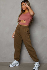 Khaki Oversized High Waisted Shirred Drawstring Pocket Detail Cuffed Joggers - Samira