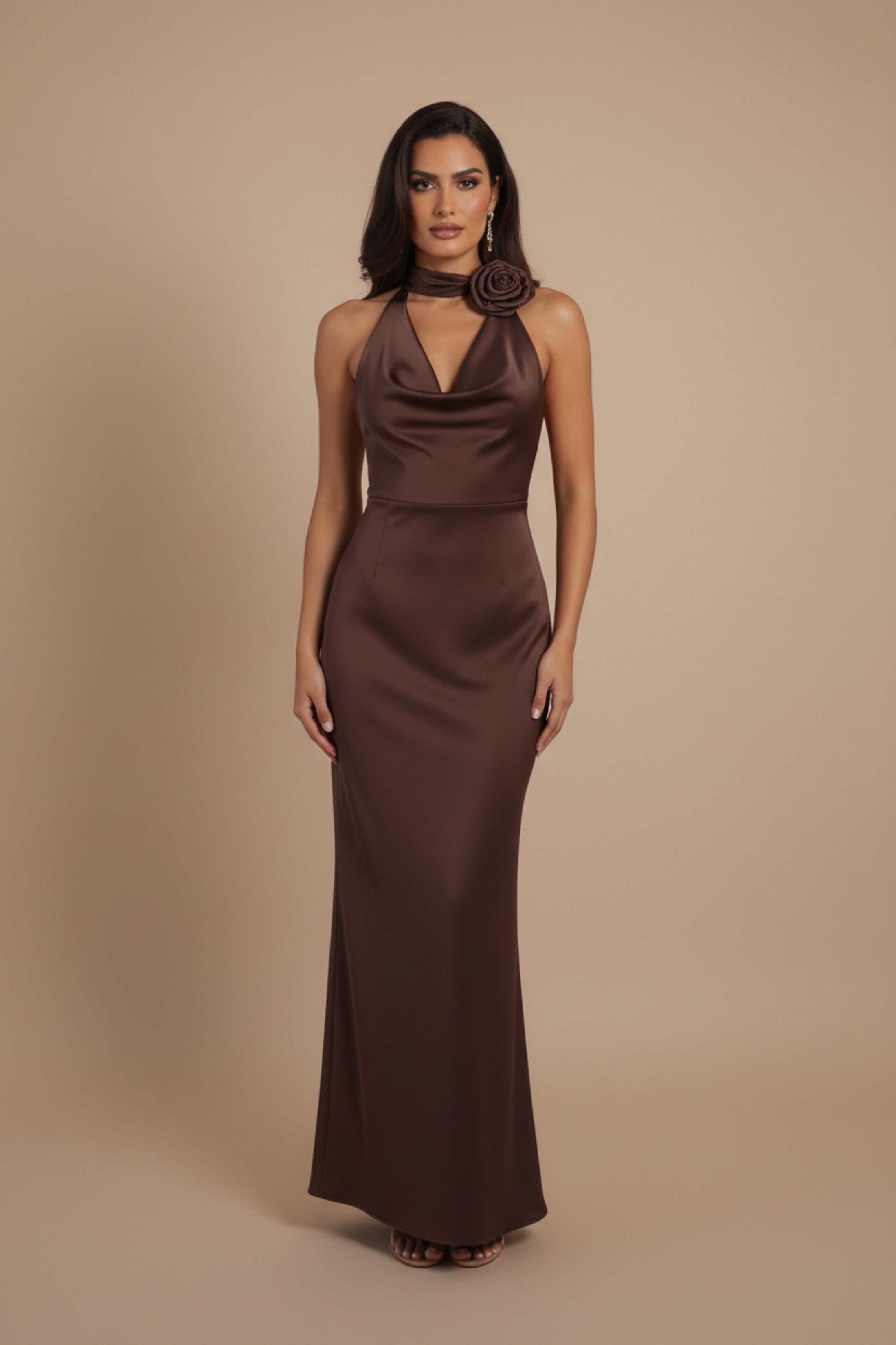 Chocolate Brown Halterneck Rose Detail Maxi Dress- Cafe – Femme Luxe